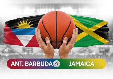 Antigua ve Barbuda Jamaika milli basketbol takımlarına karşı basketbol topu yarışma kupası konsepti imajı