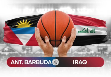 Antigua ve Barbuda Irak milli basketbol takımlarına karşı basketbol topu yarışma kupası konsepti