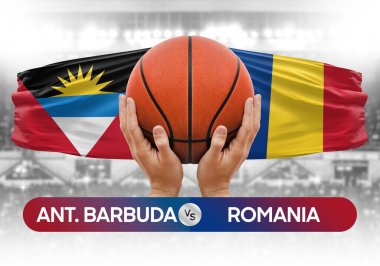 Antigua ve Barbuda Romanya milli basketbol takımlarına karşı basketbol topu yarışma kupası konsepti imajı