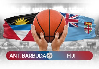 Antigua ve Barbuda Fiji milli basketbol takımlarına karşı basketbol topu yarışma kupası konsepti imajı