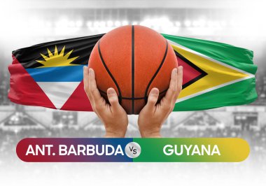 Antigua ve Barbuda Guyana milli basketbol takımlarına karşı basketbol topu yarışma kupası konsepti imajı