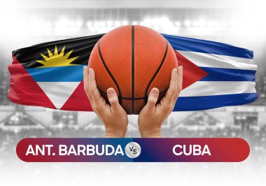 Antigua ve Barbuda Küba milli basketbol takımlarına karşı basket topu yarışma kupası konsepti imajı