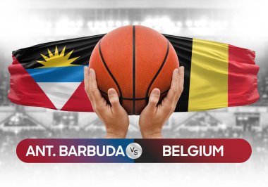 Antigua ve Barbuda Belçika 'ya karşı milli basketbol takımları basket topu yarışma kupası konsepti imajı