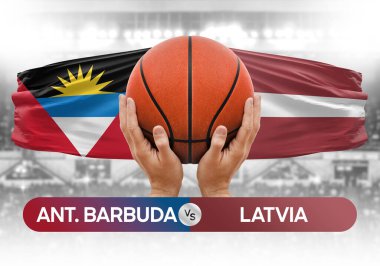 Antigua ve Barbuda Letonya milli basketbol takımlarına karşı basket topu yarışma kupası konsepti imajı