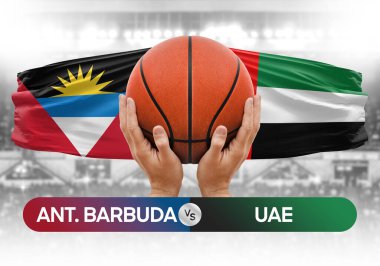 Antigua ve Barbuda BAE milli basketbol takımlarına karşı basket topu yarışma kupası konsepti