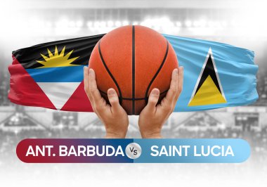 Antigua ve Barbuda Saint Lucia milli basketbol takımlarına karşı basketbol topu yarışma kupası konsepti