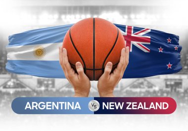 Arjantin, Yeni Zelanda 'ya karşı milli basketbol takımları basketbol topu yarışma kupası konsepti imajı