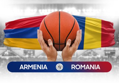 Ermenistan Romanya milli basketbol takımlarına karşı basketbol topu yarışma kupası konsepti