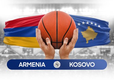 Ermenistan Kosova milli basketbol takımlarına karşı basketbol topu yarışma kupası konsepti imajı