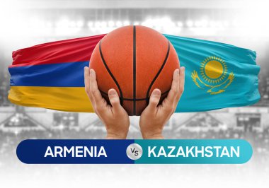 Ermenistan Kazakistan milli basketbol takımlarına karşı basketbol topu yarışma kupası konsepti