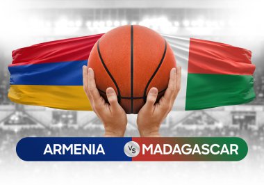 Ermenistan Madagaskar 'a karşı milli basketbol takımları basketbol topu yarışma kupası konsepti imajı