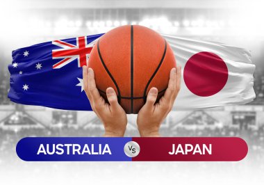 Avustralya - Japonya milli basketbol takımları basketbol topu yarışma kupası konsepti