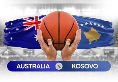 Avustralya Kosova milli basketbol takımlarına karşı basketbol topu yarışma kupası konsepti imajı