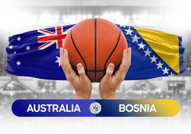 Avustralya Bosna-Hersek milli basketbol takımlarına karşı basketbol topu yarışma kupası konsepti