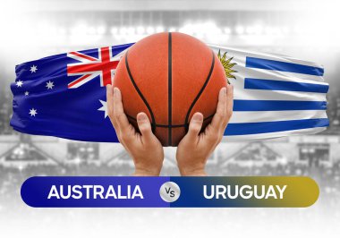 Avustralya Uruguay milli basketbol takımlarına karşı basketbol topu yarışma kupası konsepti