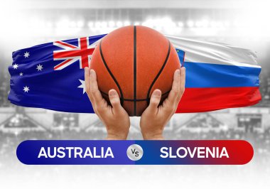 Avustralya, Slovenya milli basketbol takımlarına karşı basketbol topu yarışma kupası konsepti