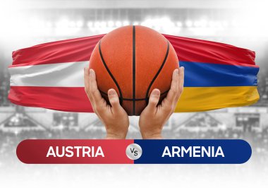 Avusturya Ermenistan milli basketbol takımlarına karşı basketbol topu yarışma kupası konsepti imajı