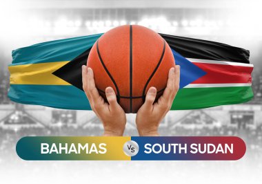 Bahamalar Güney Sudan milli basketbol takımlarına karşı basketbol topu yarışma kupası konsepti