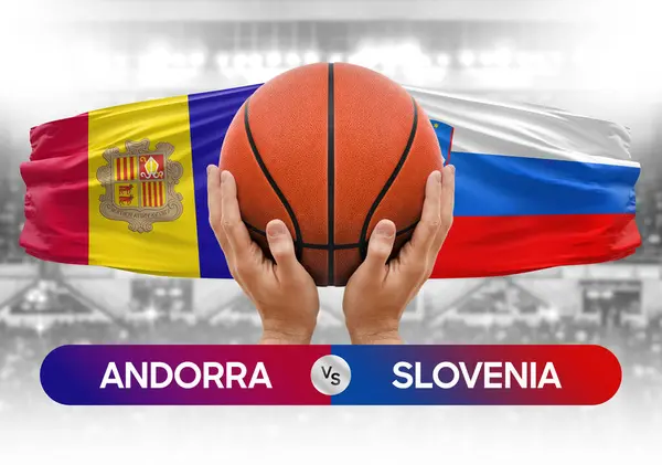 Andorra Slovenya milli basketbol takımlarına karşı basketbol topu yarışma kupası konsepti imajı