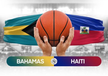 Bahamalar Haiti milli basketbol takımlarına karşı basketbol topu yarışma kupası konsepti