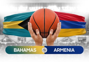 Bahamalar Ermenistan milli basketbol takımlarına karşı basketbol topu yarışma kupası konsepti imajı