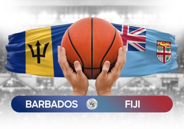 Barbados Fiji milli basketbol takımlarına karşı basketbol topu yarışma kupası konsepti