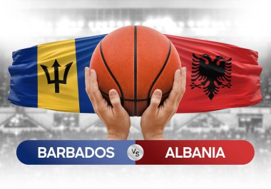 Barbados Arnavutluk milli basketbol takımlarına karşı basketbol topu yarışma kupası konsepti imajı