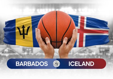 Barbados İzlanda milli basketbol takımlarına karşı basketbol topu yarışma kupası konsepti