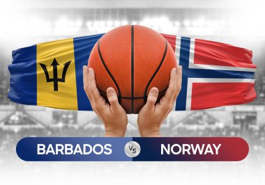 Barbados Norveç milli basketbol takımlarına karşı basketbol topu yarışma kupası konsepti