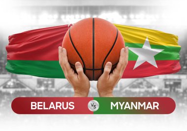 Belarus, Myanmar Millî Basketbol Takımı 'na karşı basketbol topu yarışma kupası konsepti