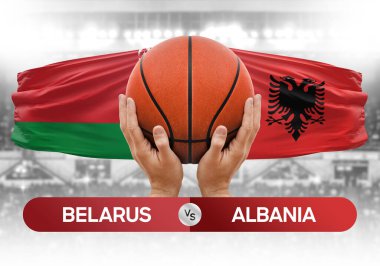 Belarus Arnavutluk milli basketbol takımlarına karşı basketbol topu yarışma kupası konsepti imajı