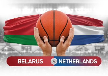 Belarus Hollanda 'ya karşı milli basketbol takımları basketbol topu yarışma kupası konsepti imajı