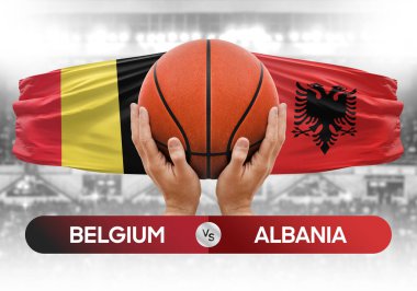 Belçika Arnavutluk milli basketbol takımlarına karşı basketbol topu yarışma kupası konsepti imajı