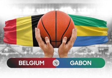 Belçika Gabon milli basketbol takımlarına karşı basketbol topu yarışma kupası konsepti