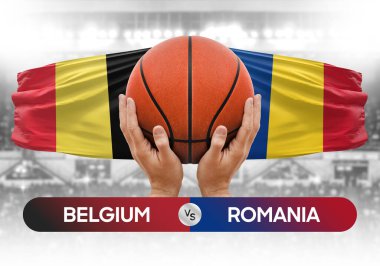Belçika Romanya milli basketbol takımlarına karşı basketbol topu yarışma kupası konsepti imajı