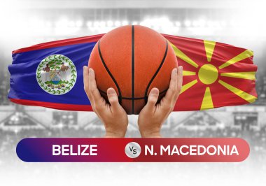 Belize, Kuzey Makedonya milli basketbol takımlarına karşı basketbol topu yarışma kupası konsepti imajı