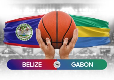 Belize Gabon 'a karşı ulusal basketbol takımları basketbol topu yarışma kupası konsepti imajı