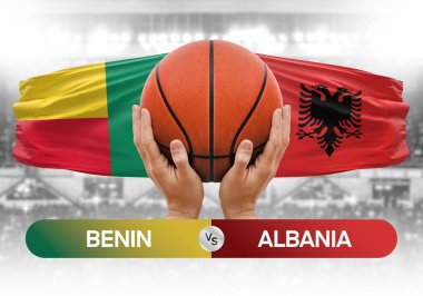 Benin, Arnavutluk milli basketbol takımlarına karşı basketbol topu yarışma kupası konsepti imajı