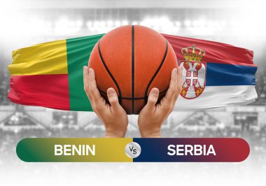 Benin, Sırbistan milli basketbol takımlarına karşı basketbol topu yarışma kupası konsepti imajı