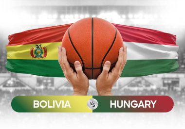 Bolivya Macaristan milli basketbol takımlarına karşı basketbol topu yarışma kupası konsepti