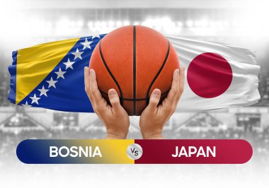 Bosna-Japonya milli basketbol takımları basketbol topu yarışma kupası konsepti