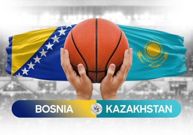 Bosna Kazakistan milli basketbol takımlarına karşı basketbol topu yarışma kupası konsepti