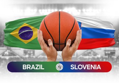 Brezilya Slovenya milli basketbol takımlarına karşı basketbol topu yarışma kupası konsepti imajı