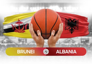 Brunei Arnavutluk milli basketbol takımlarına karşı basketbol topu yarışma kupası konsepti imajı