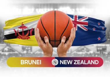 Brunei, Yeni Zelanda 'ya karşı milli basketbol takımları basketbol topu yarışma kupası konsepti imajı