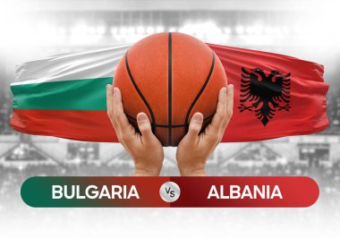 Bulgaristan Arnavutluk milli basketbol takımlarına karşı basketbol topu yarışma kupası konsepti imajı