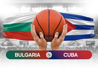 Bulgaristan Küba milli basketbol takımlarına karşı basketbol topu yarışma kupası konsepti imajı