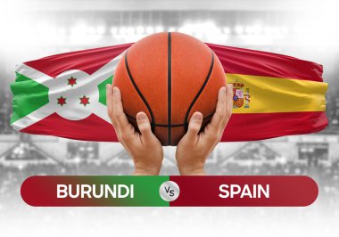 Burundi İspanya milli basketbol takımlarına karşı basketbol topu yarışma kupası konsepti imajı