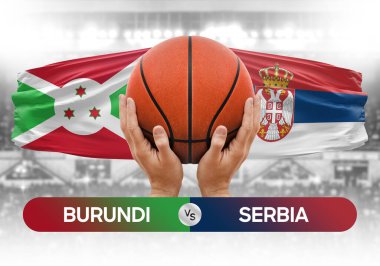 Burundi Sırbistan milli basketbol takımlarına karşı basketbol topu yarışma kupası konsepti imajı