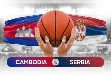 Kamboçya Sırbistan milli basketbol takımlarına karşı basketbol topu yarışma kupası konsepti imajı